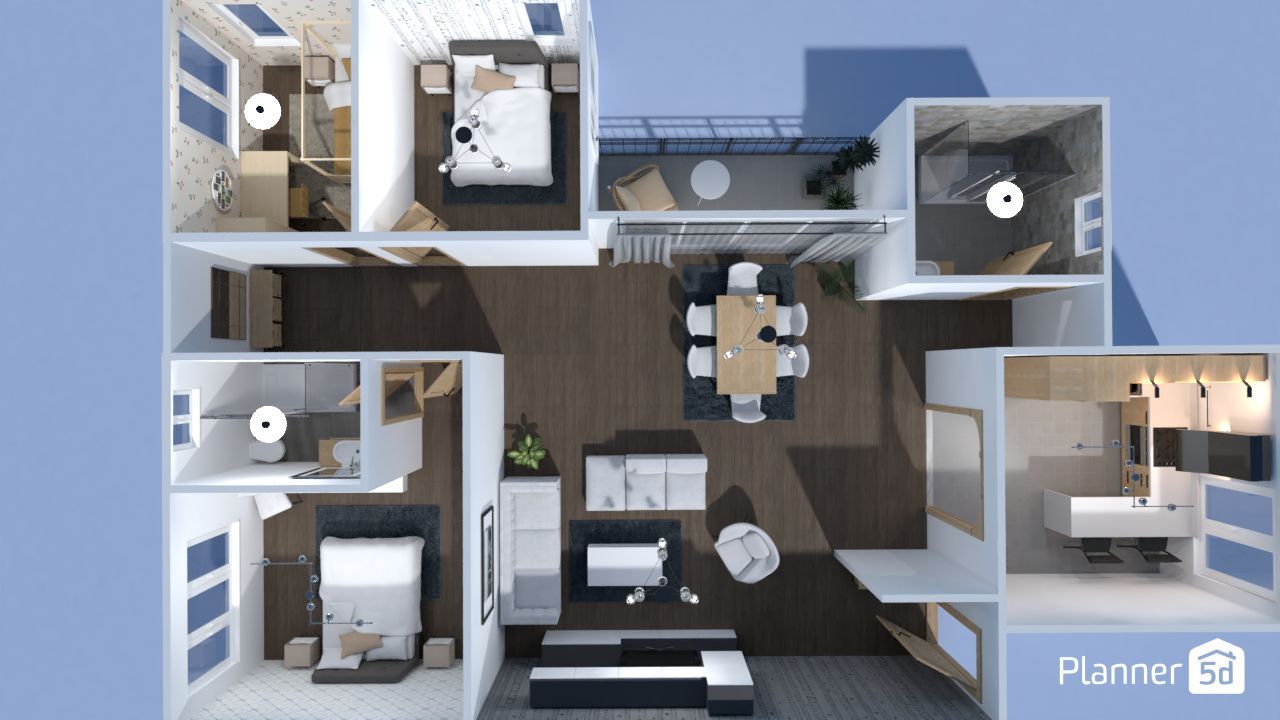 Three-bedroom house plan, with bedroom, living room, kitchen, and bathroom