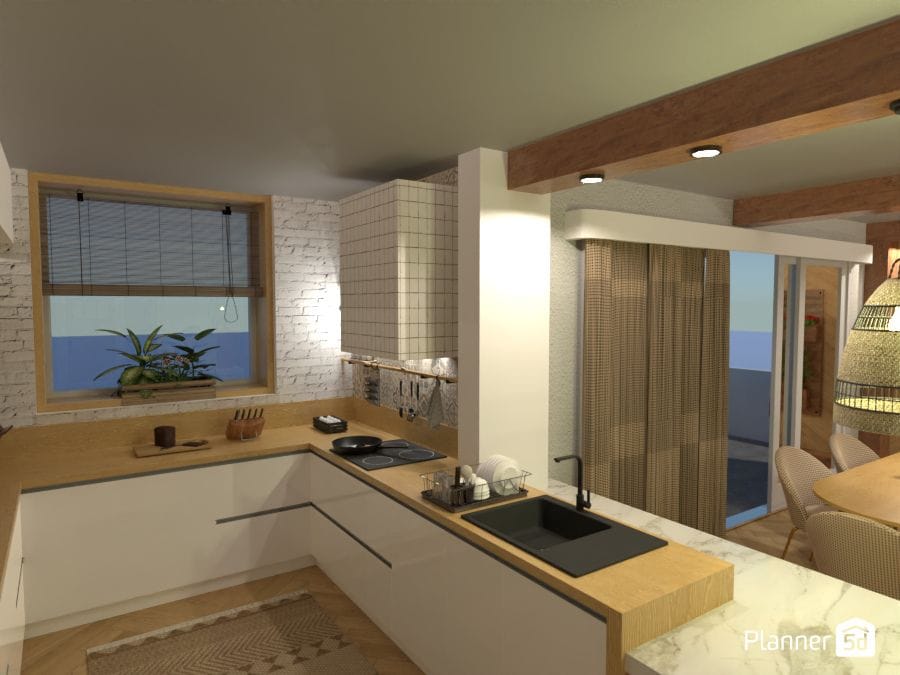 modern white kitchen, render, planner 5d