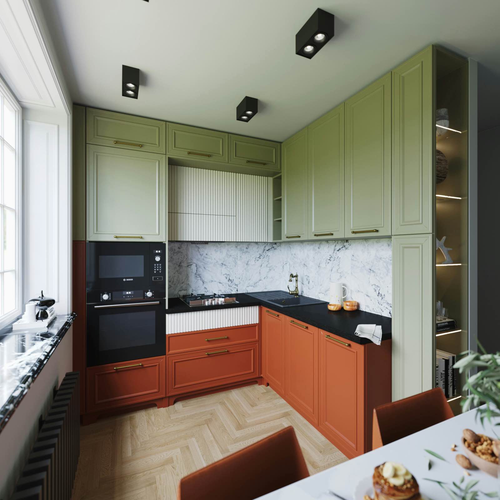 modern kitchen in terracotta, green and marble, trendy kitchen colors