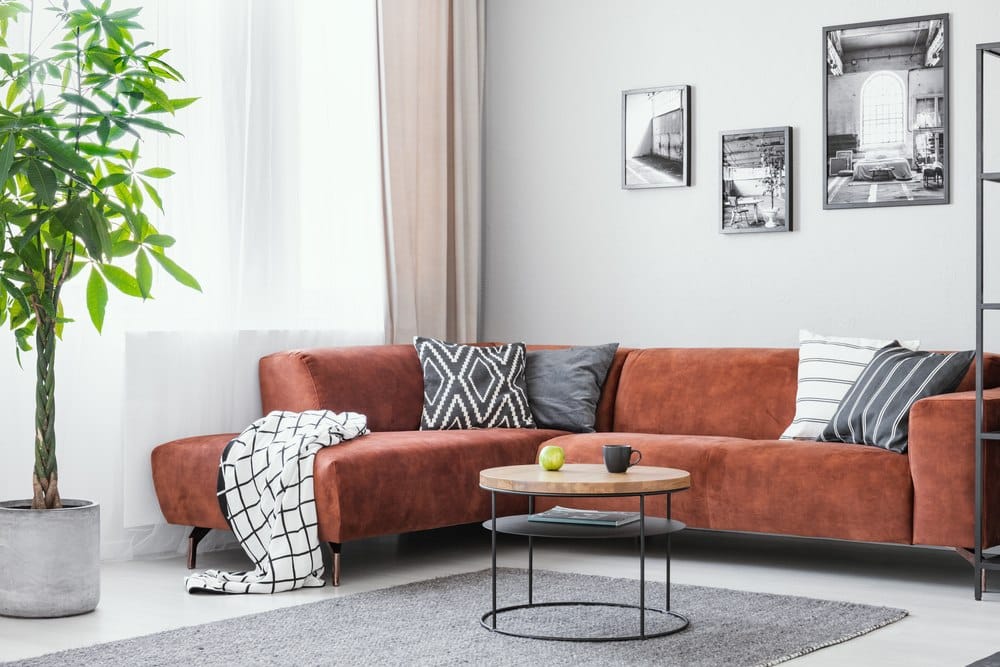 L-shaped orange couch in a light gray living | Ground Picture/Shutterstock