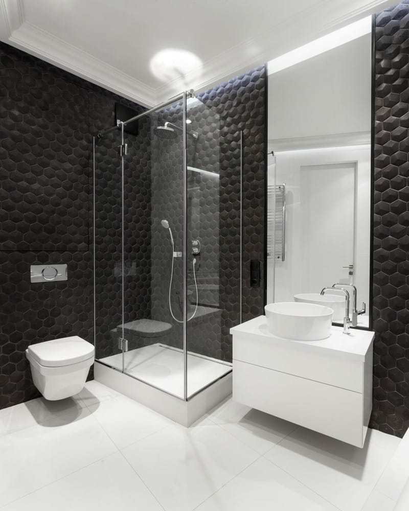 black and white bathroom with shower
