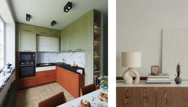 tendencias interiorismo, decoración del hogar, cocina verde y terracota, lujo silencioso