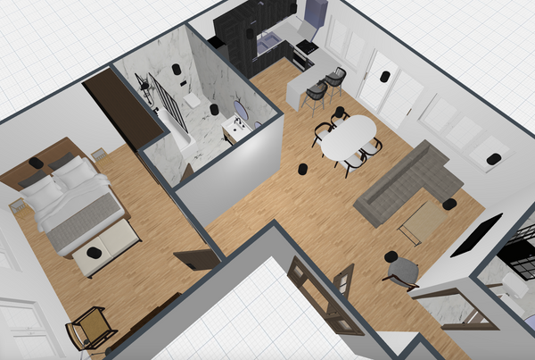 plano de casa de tres dormitorios, con dormitorio, sala de estar, cocina y baño