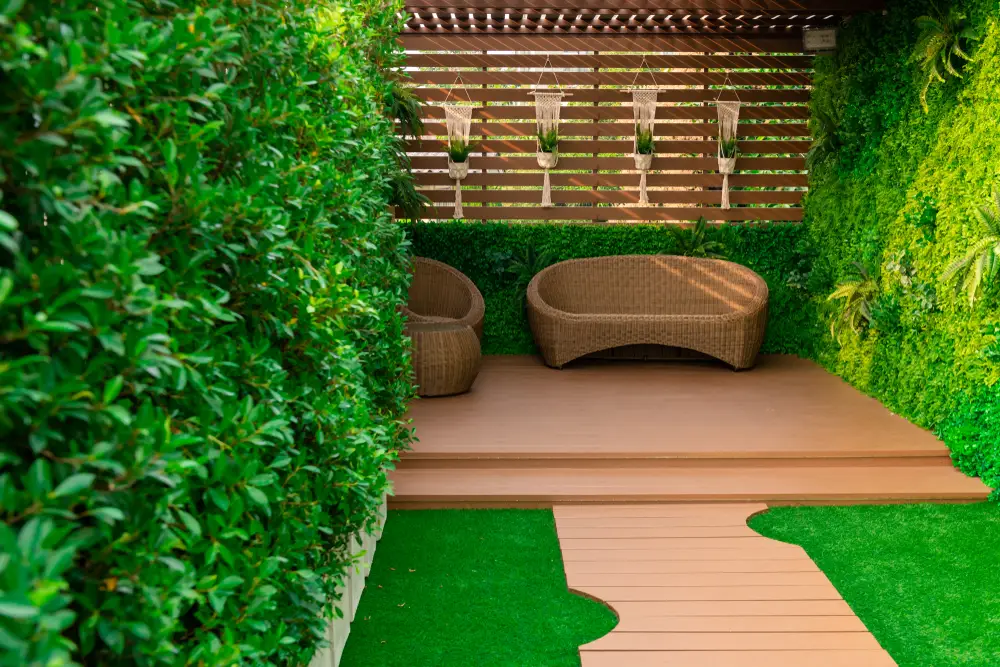rooftop patio with artificial grass and walls