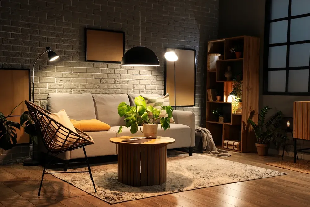 living room with artificial lights
