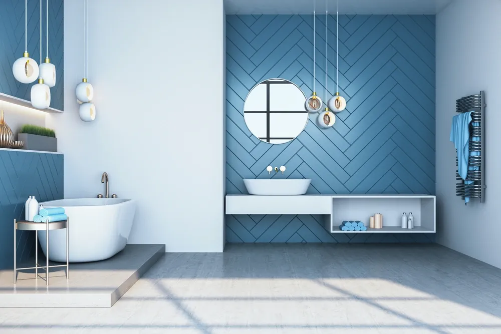 elegant bathroom with blue tiles and white walls
