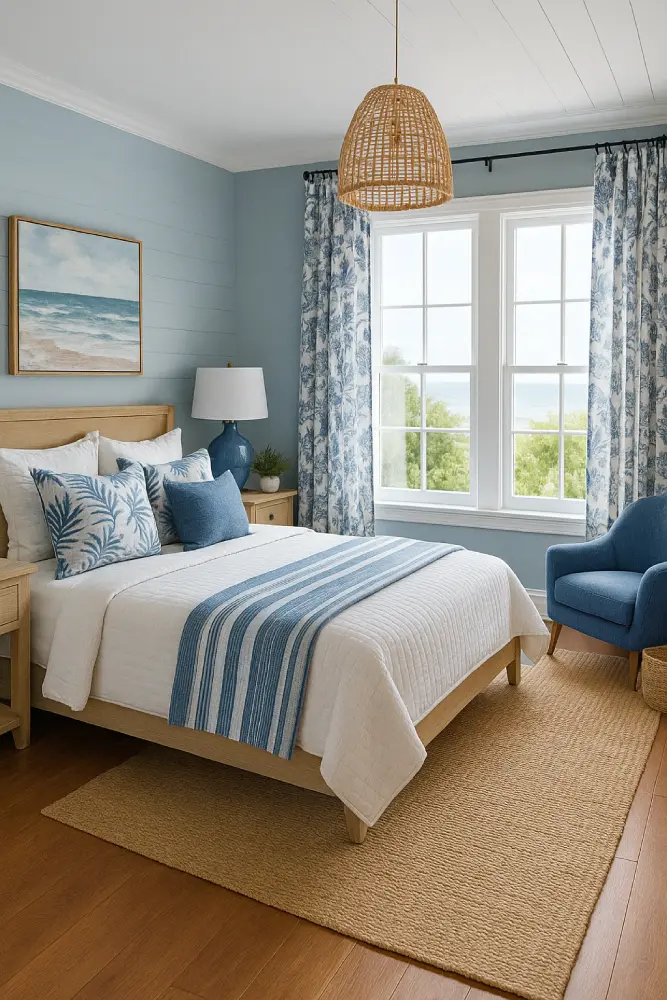blue and white coastal bedroom