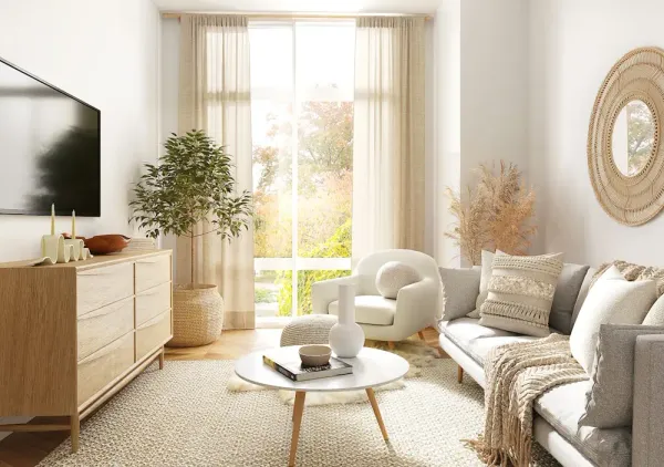cozy living room with neutral color scheme