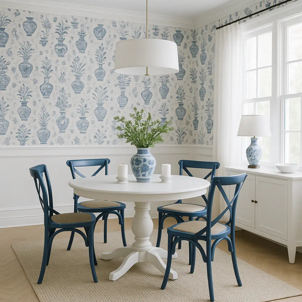 blue and white dining room