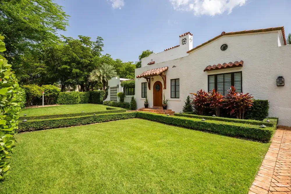 front yard of a home with artificial turf