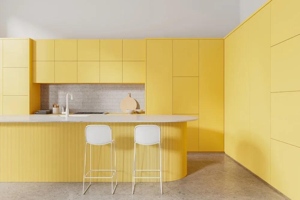Bright all yellow kitchen cabinets