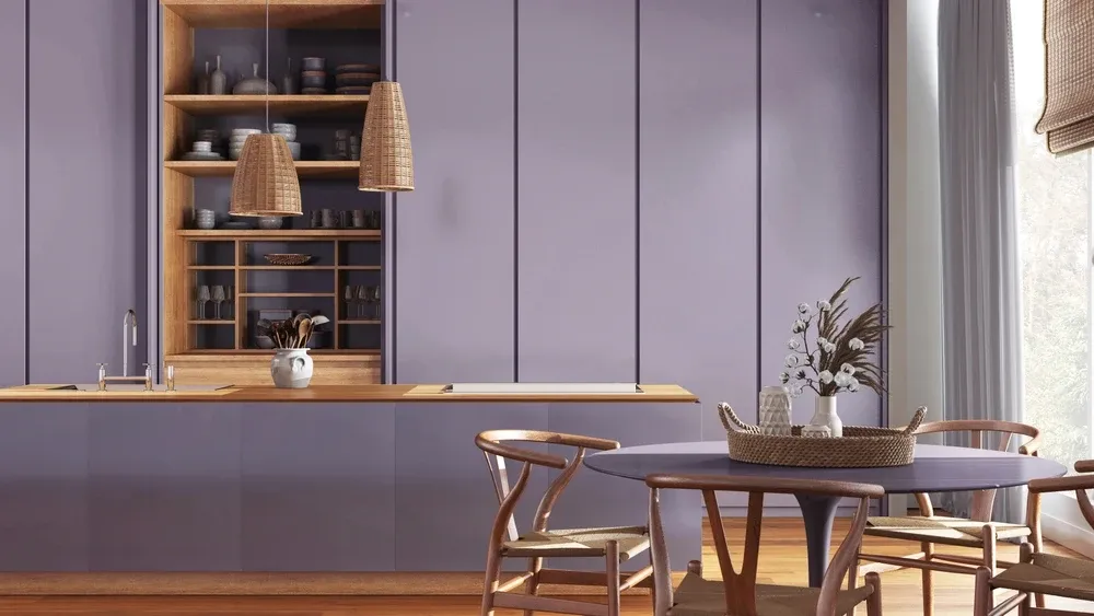 Stylish purple kitchen cabinets and island
