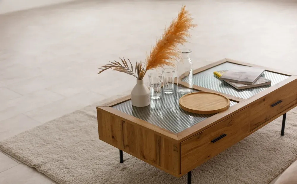 glass and wood coffee table 